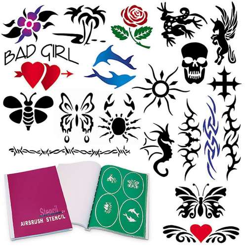 Temporary Tattoo Airbrush Kit - 4 Ink Color Set With Compressor and Stencils Best Designs Tatto